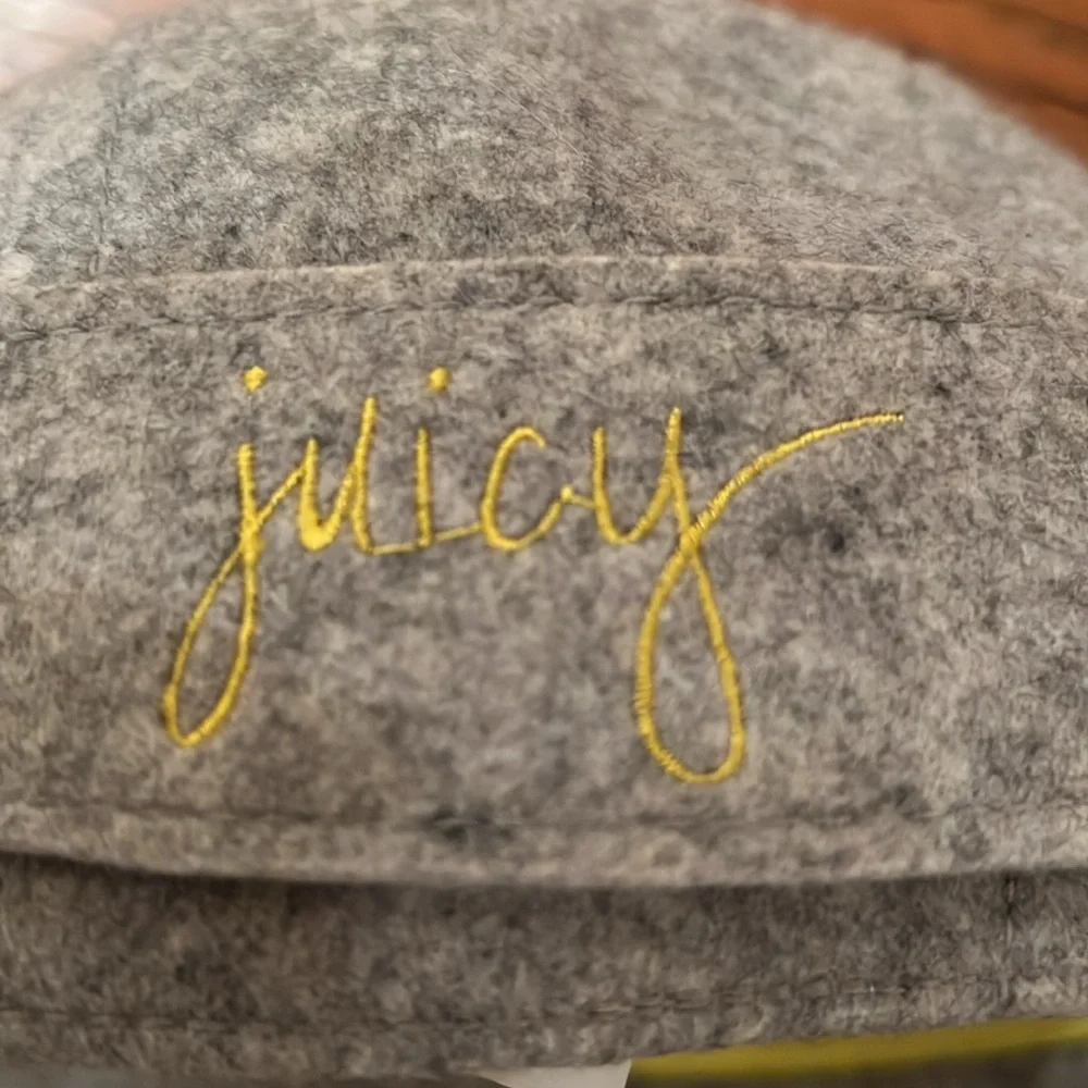 Juicy Couture Gray Wool Riding Cap With Juicy In Yellow Embroidery & On Circle